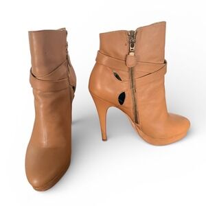 Charles David Tan Leather Platform Stiletto Ankle Boots Buckle Side Zip Size 7.5
